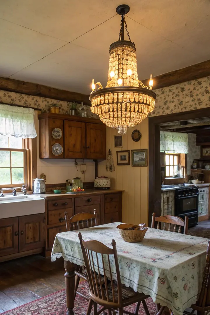 Antique glass chandelier with curved arms in a farmhouse kitchen