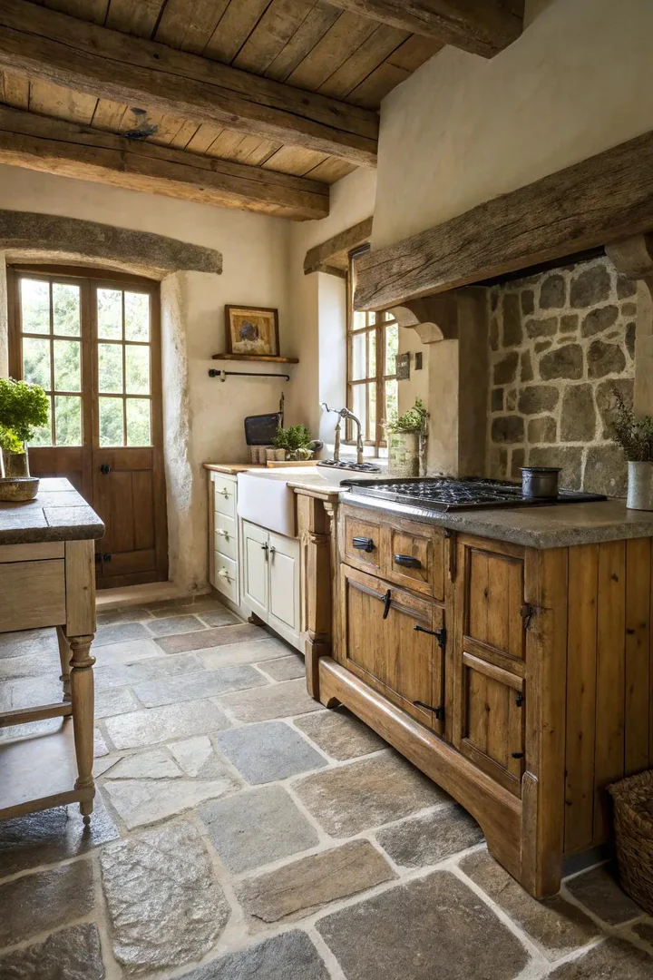 French country kitchen with natural stone flooring.