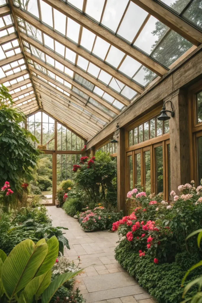 Victorian-style glass conservatory with curved glass roof panels and ornate ironwork