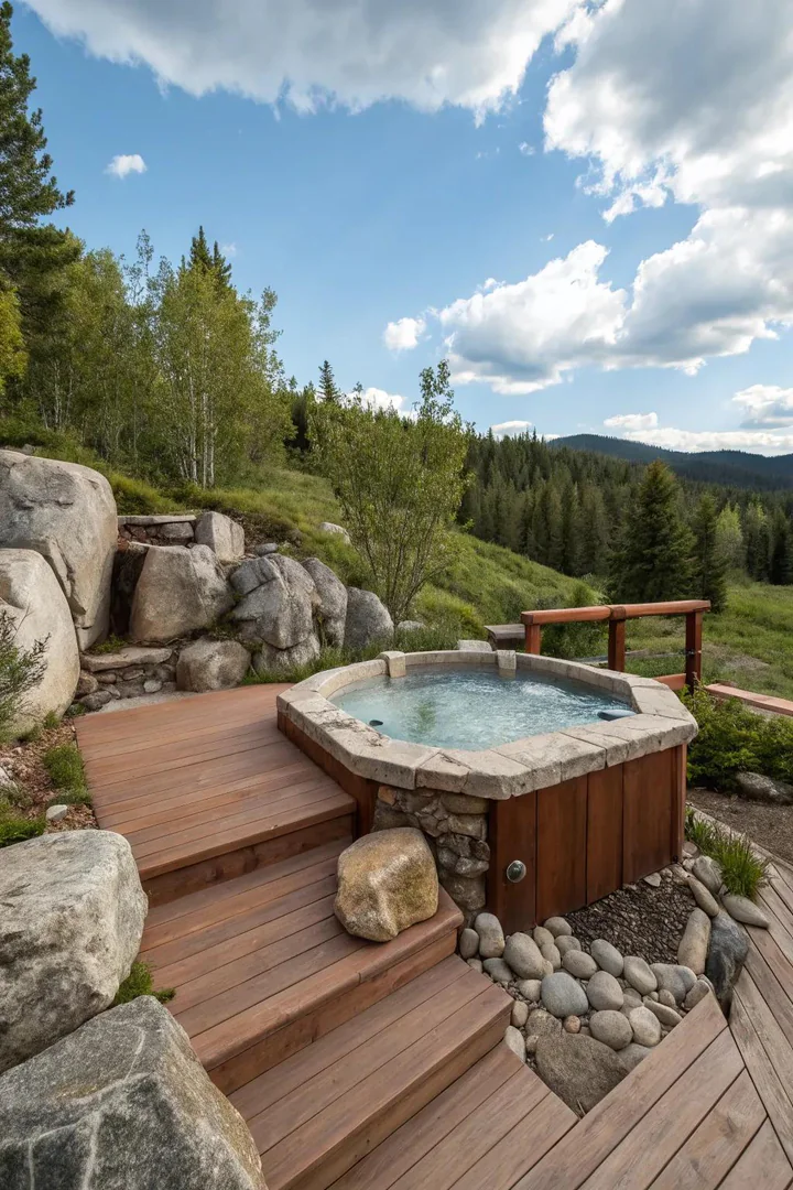 Hot tub set into a patio made from natural stone pavers with a cedar surround and gravel border