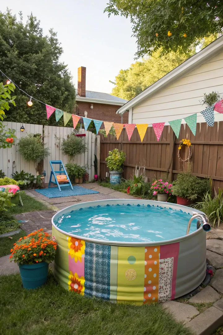 Galvanized steel stock tank pool with a wooden step platform and string lights overhead