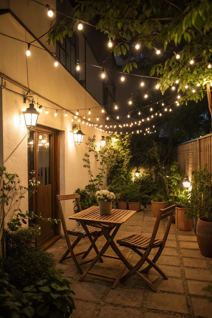 Small terrace lit with string lights, candle lanterns, and a solar path light
