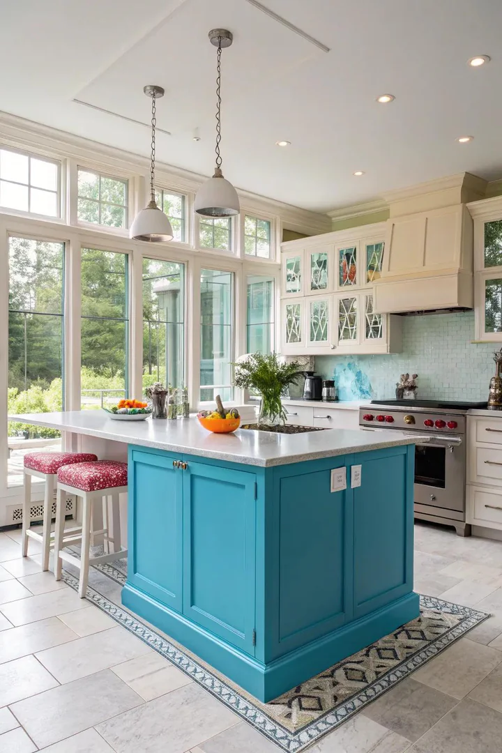 Kitchen peninsula with a contrasting color accent.