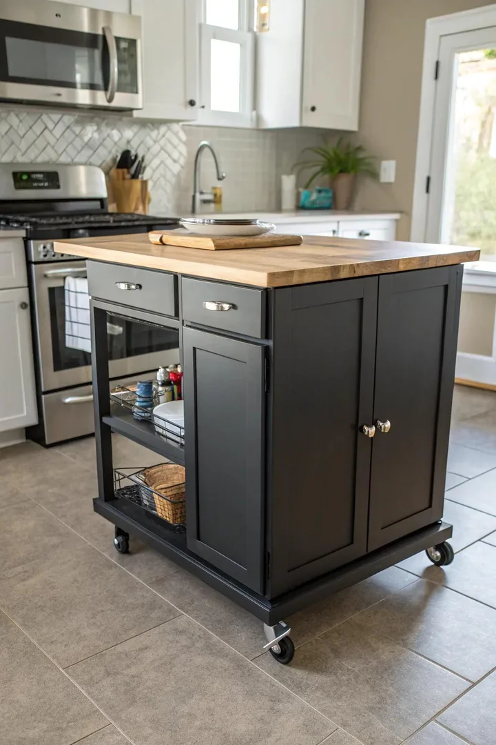 Compact rolling kitchen island in a small kitchen.