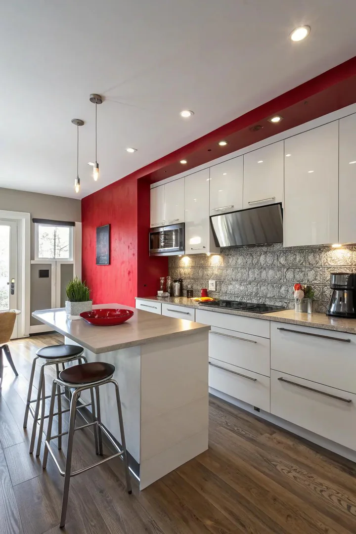 Bold paint color accent wall in a kitchen.
