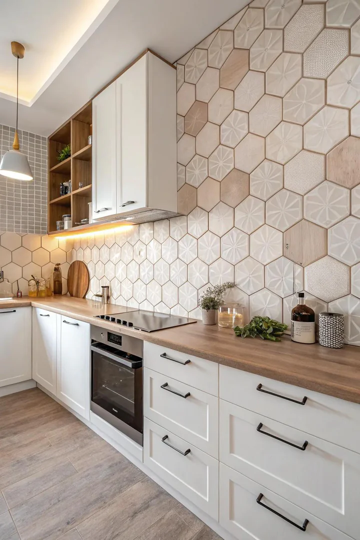Hexagon tile kitchen backsplash design.