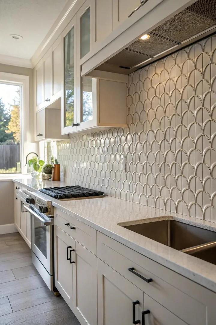 Vertically fluted white ceramic backsplash tiles with raised ridges