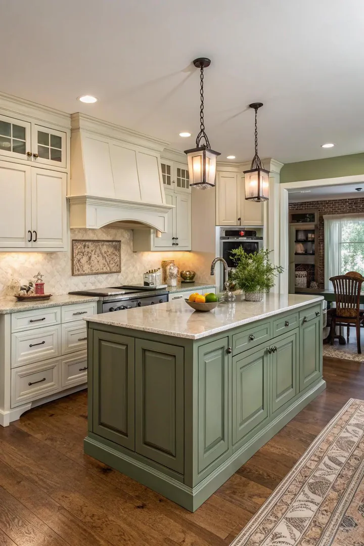 Sage green kitchen island beside white shaker cabinets