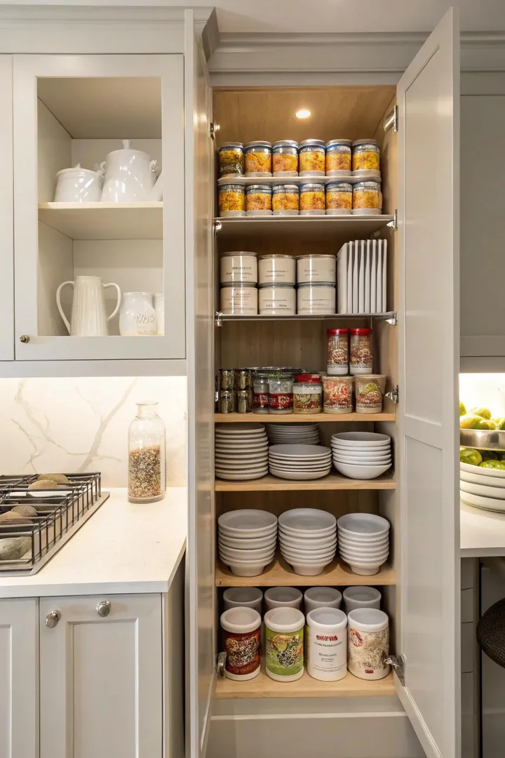 Stackable wire shelf risers inside upper kitchen cabinets.