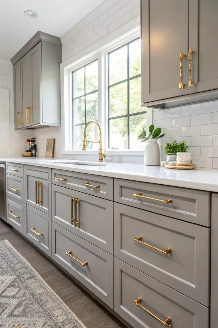 Soft gray kitchen cabinets with gold hardware accents.