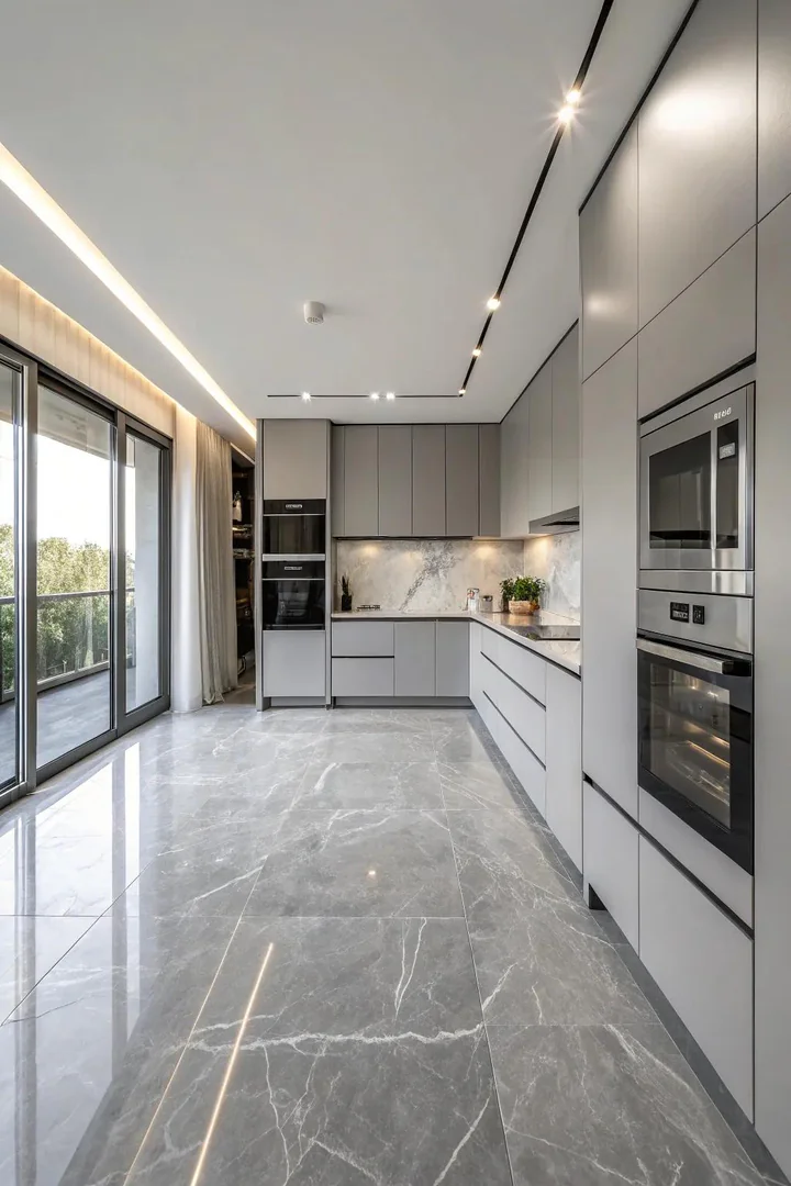 Gray marble kitchen floor in a modern minimalist design.
