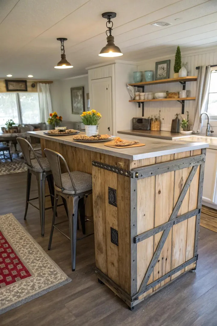 Reclaimed-wood farmhouse island with turned legs and open lower shelf