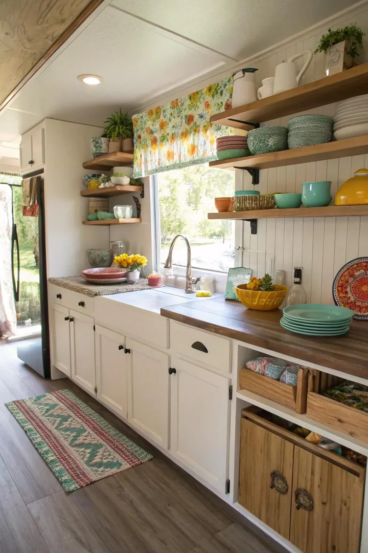 Mixed cabinets and open shelving in a mobile home kitchen.
