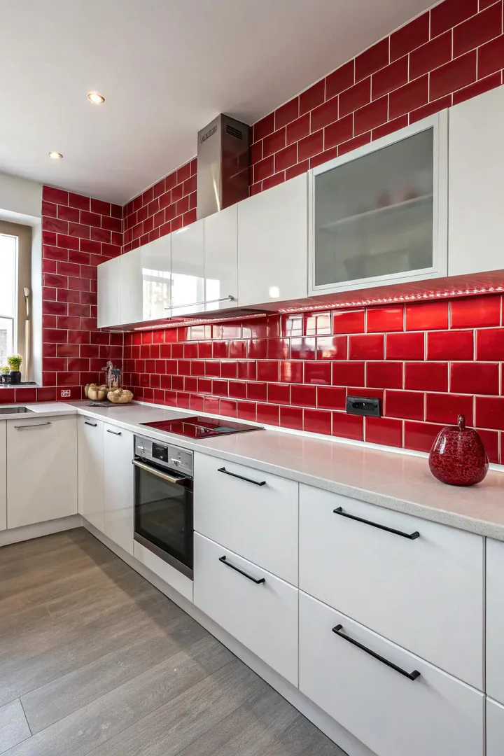 Dramatic red tile backsplash in a kitchen.