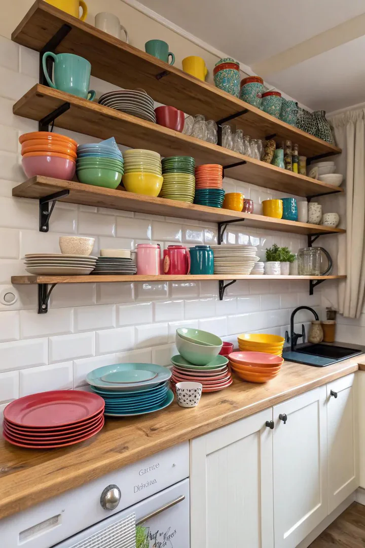 Open kitchen cabinets with doors removed showing organized shelves