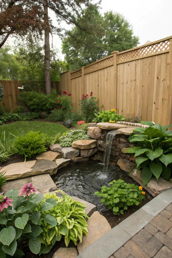 Compact recirculating stone fountain in a small backyard garden bed