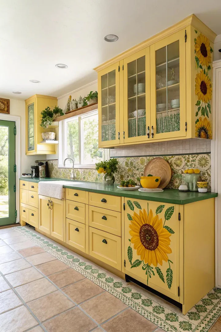 Sunflower-yellow accent cabinet in the kitchen.