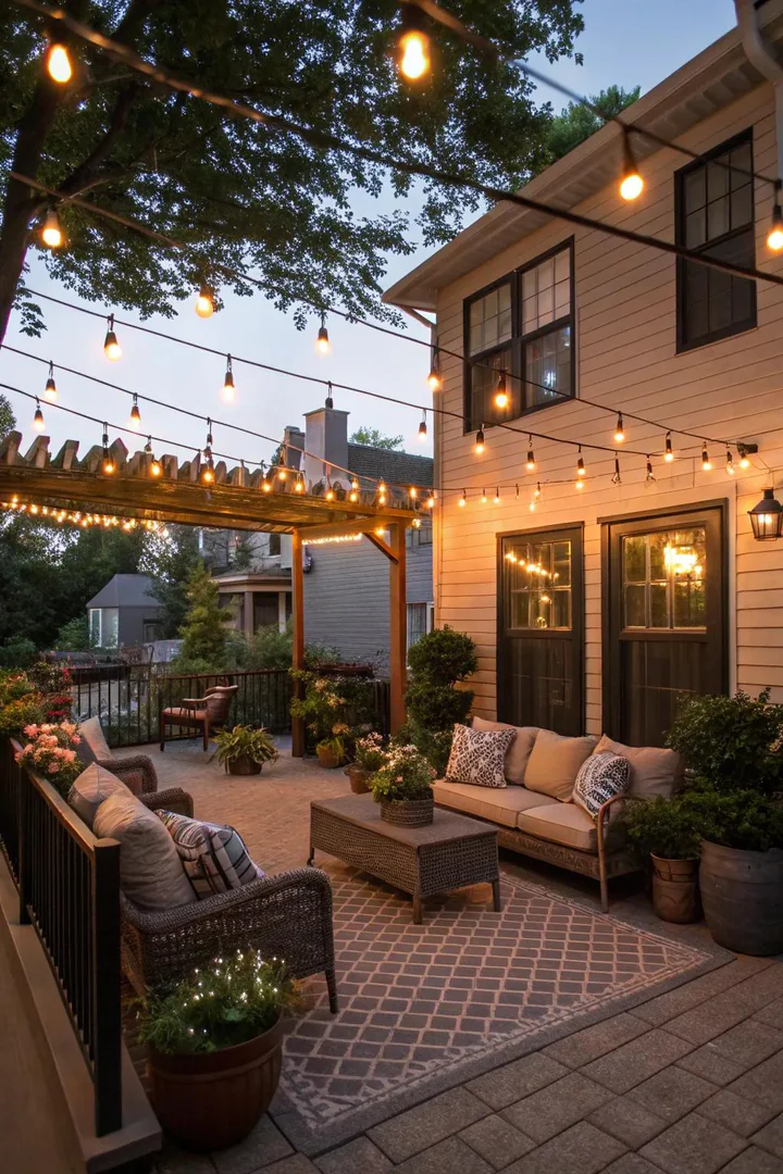 String lights draped in a zigzag pattern across a small townhouse patio creating warm ambient glow