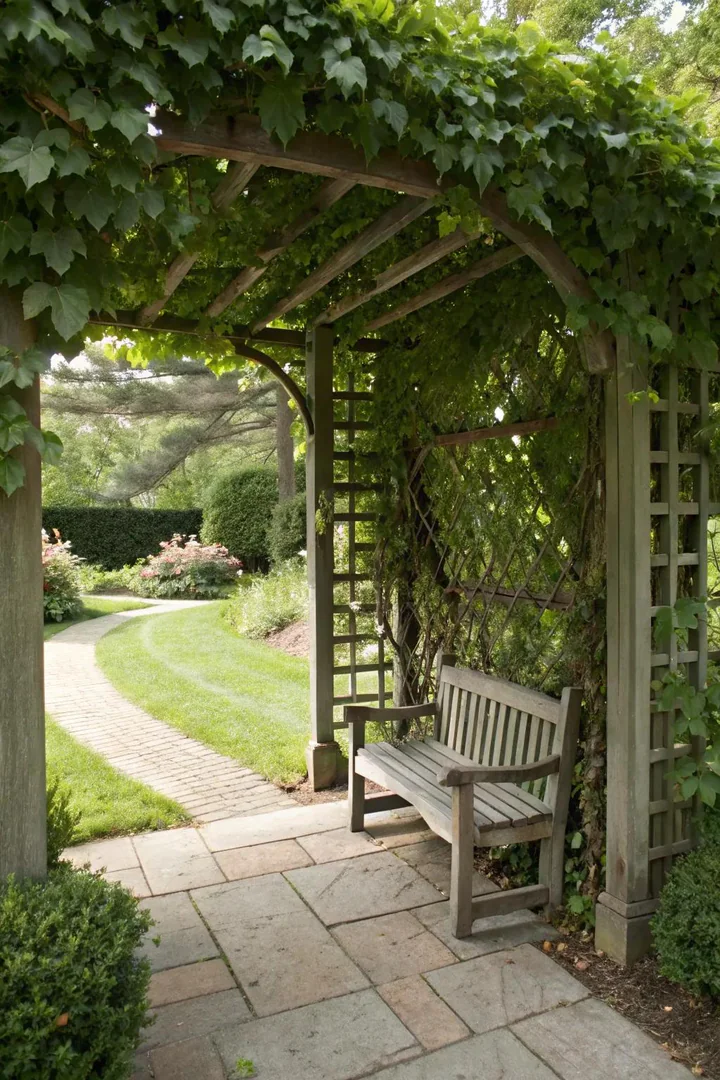 Private reading nook arbor with bench seating.