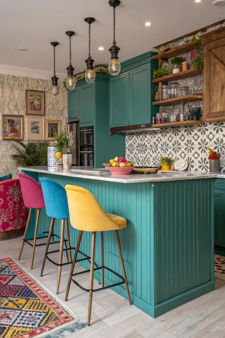 Colorful painted panel wainscoting in a kitchen.