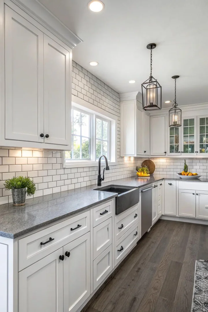 White kitchen with gray countertops and subway tile backsplash.