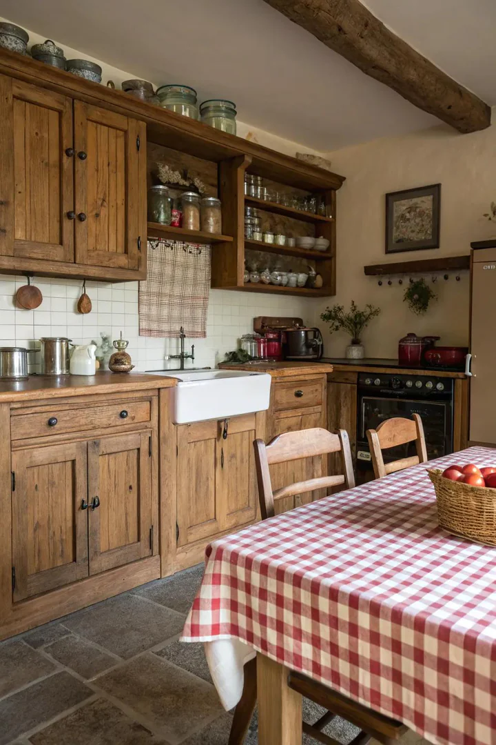 Rustic oak wood kitchen cabinets.