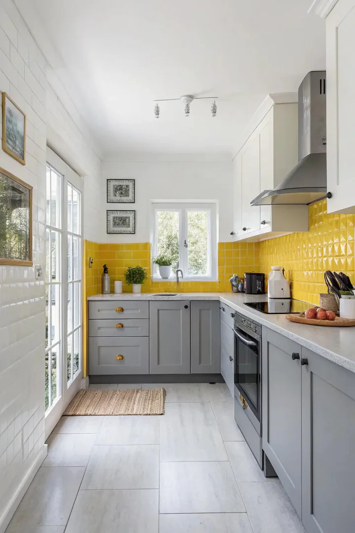 White walls with yellow and grey accent panels in the kitchen.