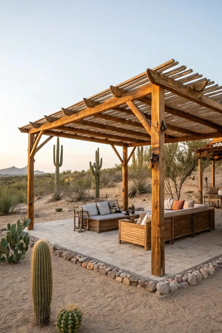 Wooden pergola providing shade over a desert patio seating area with climbing vines