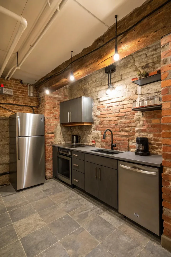 Basement kitchen with exposed original brick wall and industrial pendant lights