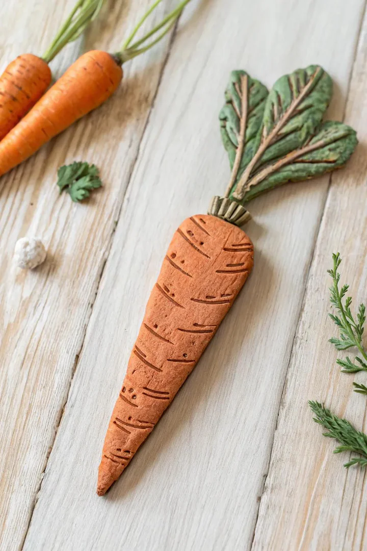 Rustic clay carrot magnet with handmade texture