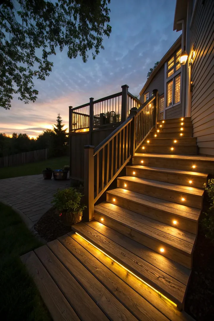 Corner deck stairs illuminated with LED riser lights and post cap lights at night