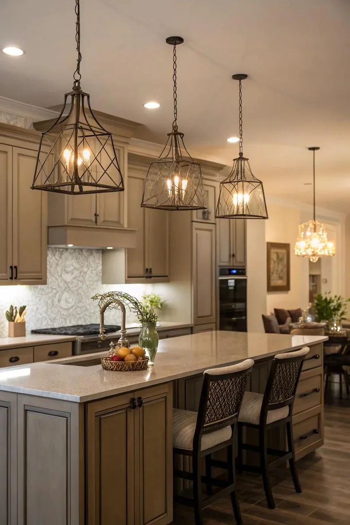 Sculptural lighting brings warmth and style to dark beige cabinets.