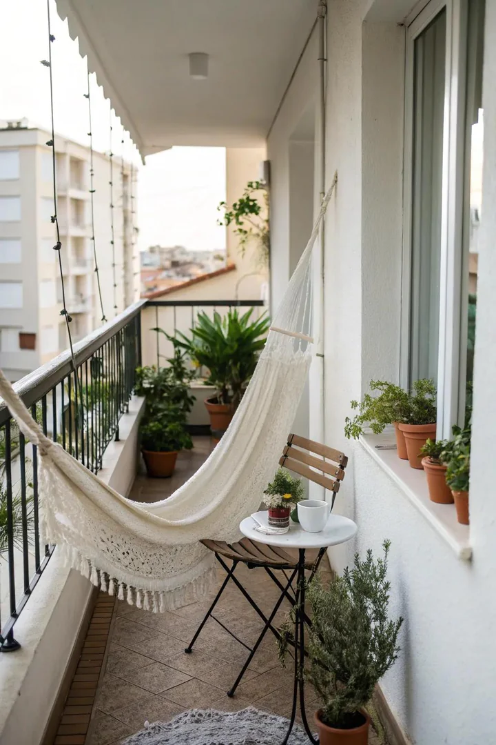 DIY hammock setup on a balcony.
