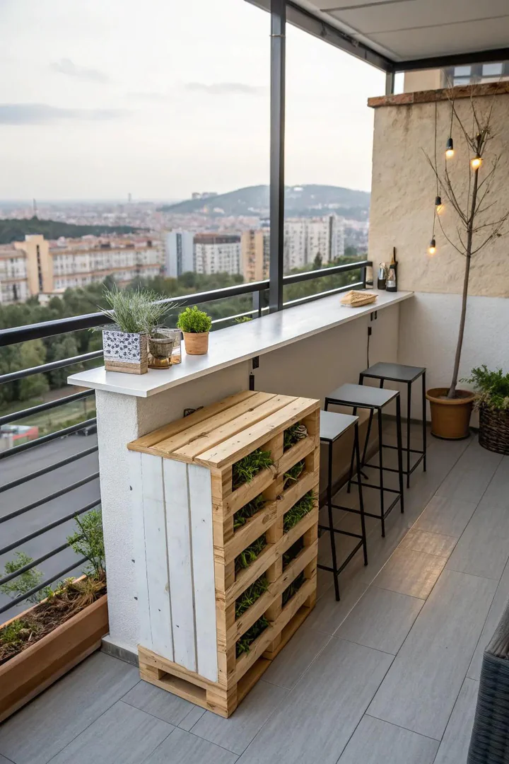 Narrow pallet bar built to fit a small apartment balcony with fold-down shelf