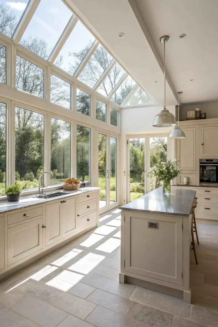 Small eat-in table positioned beside a large kitchen window with natural light