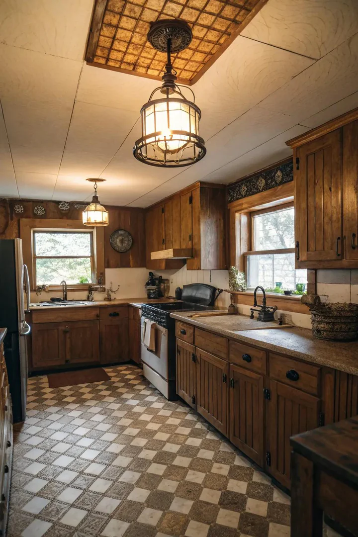 Flush mount ceiling light with a metal shade in a farmhouse kitchen