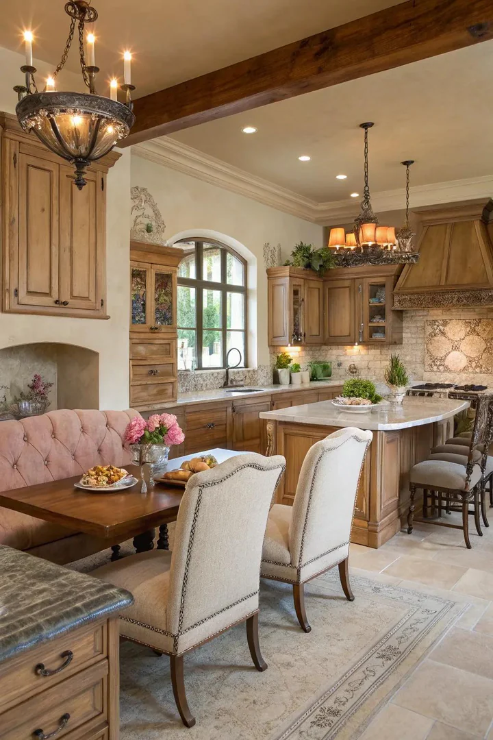 French country kitchen with upholstered seating.