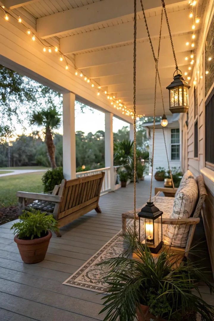Warm-toned string lights and lanterns on a Florida front porch.