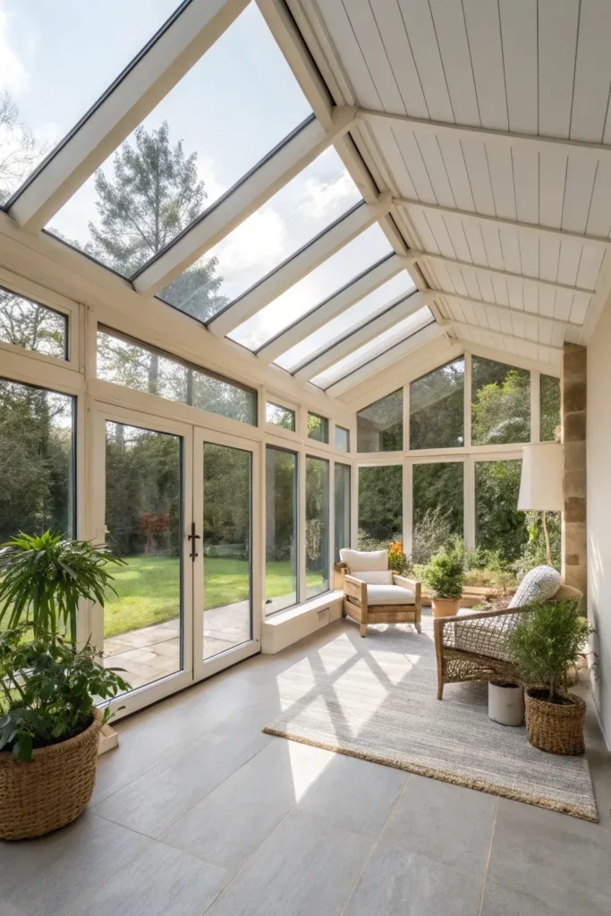 studio-style sunroom with large glass panels that open fully to the backyard