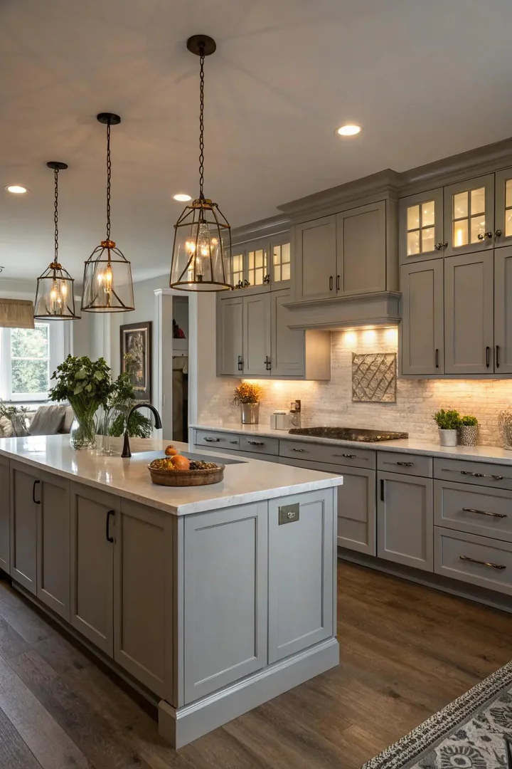 Grey kitchen cabinets with under-cabinet and in-cabinet LED lighting.