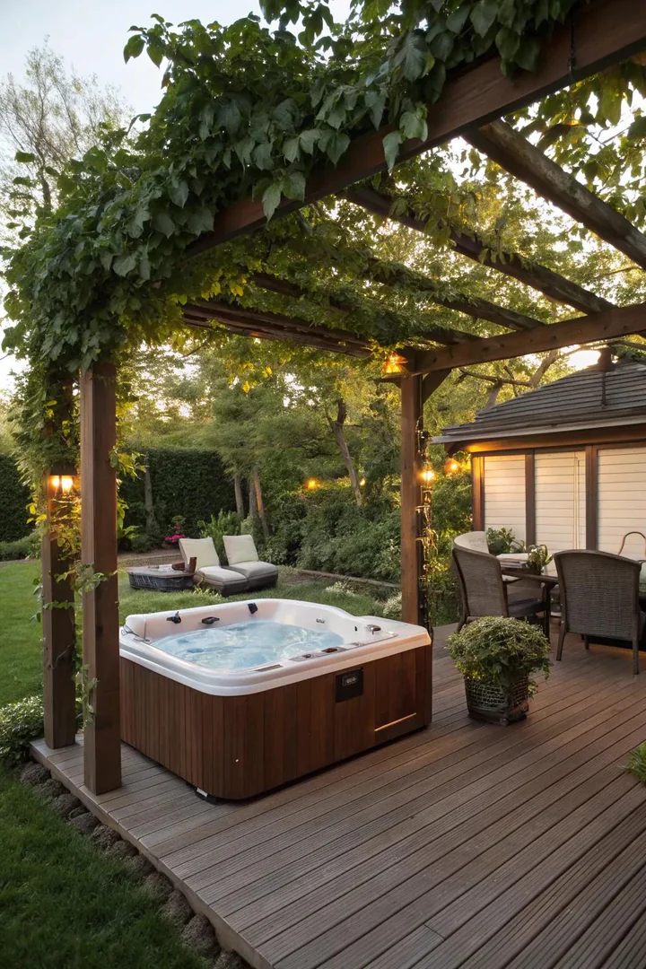 Pergola with lattice side panels positioned over a hot tub for shade and privacy screening
