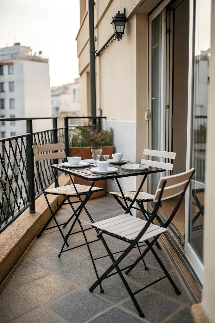 Folding bistro table and chairs set up on a narrow terrace balcony