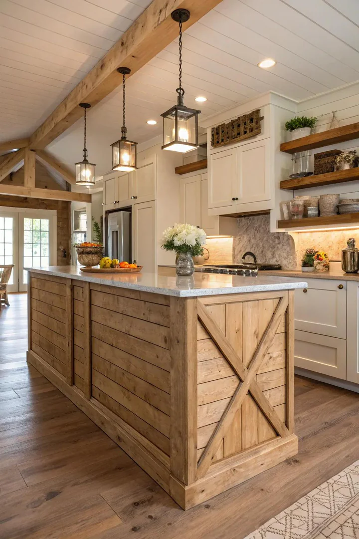 Kitchen peninsula base clad in shiplap.