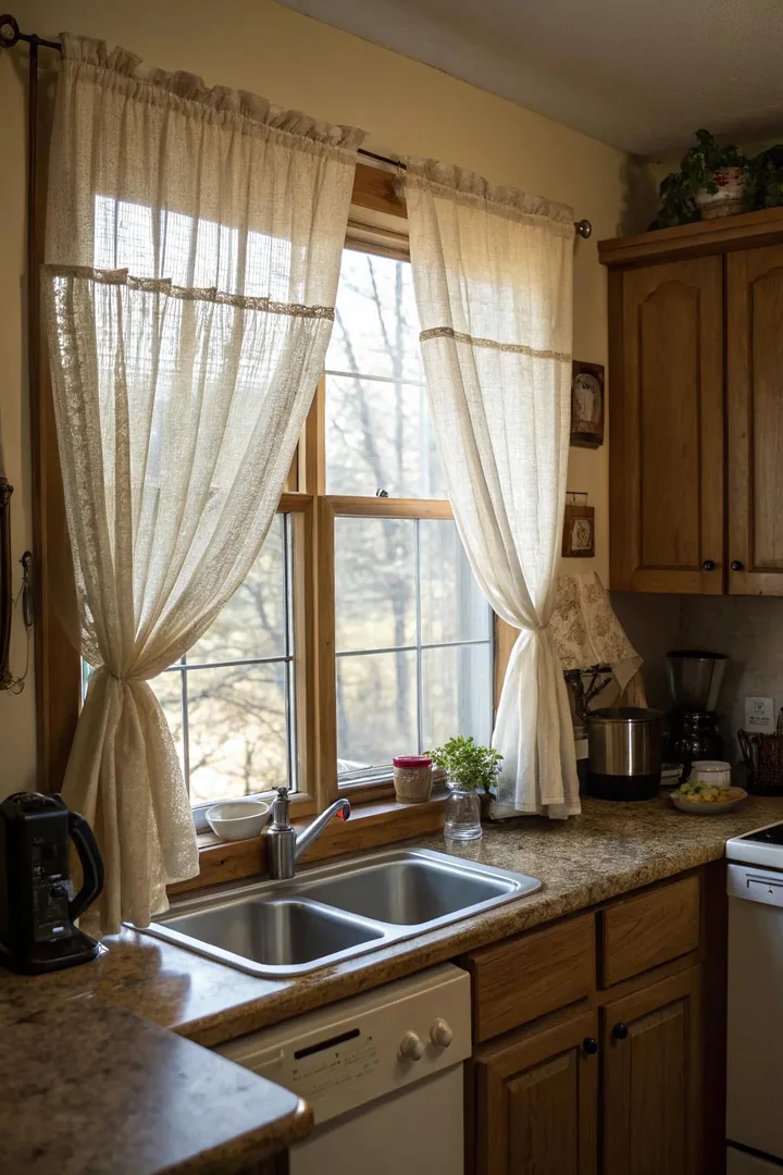 Linen curtain panel on a kitchen window over the sink.