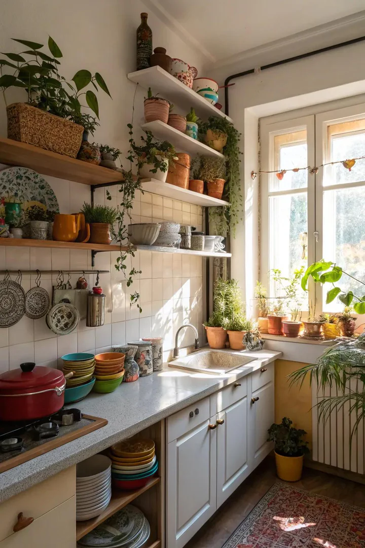 Open shelving replacing upper cabinets in a small kitchen.