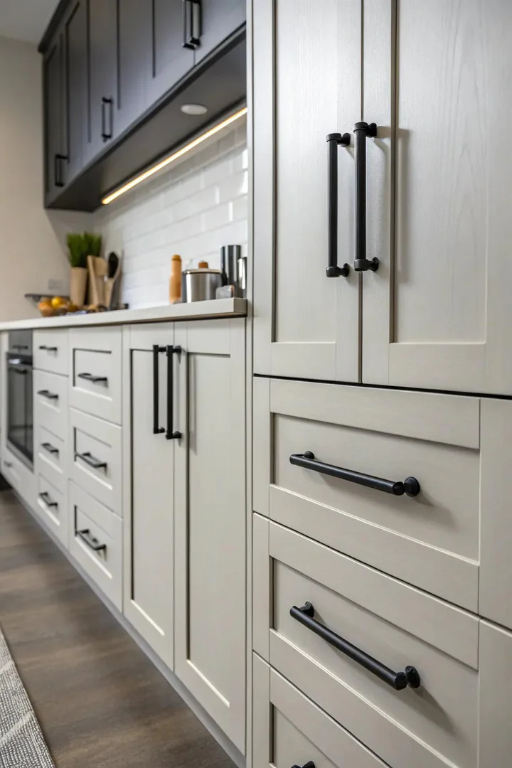 Modern brushed brass cabinet pulls on white kitchen cabinets