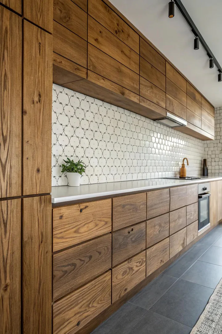 Mixed materials accent wall in a kitchen.