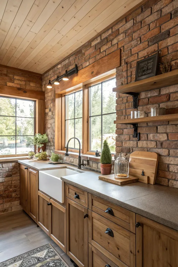 Rustic brick veneer kitchen backsplash.
