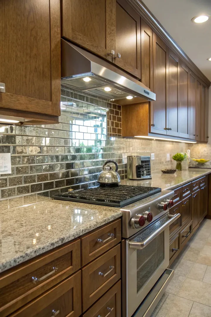 Pale green glass subway tile backsplash reflecting kitchen light