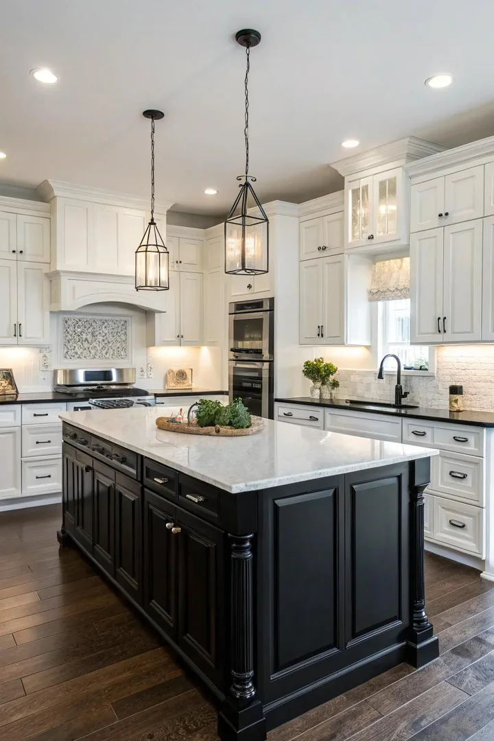 Matte black kitchen island contrasting with white cabinetry